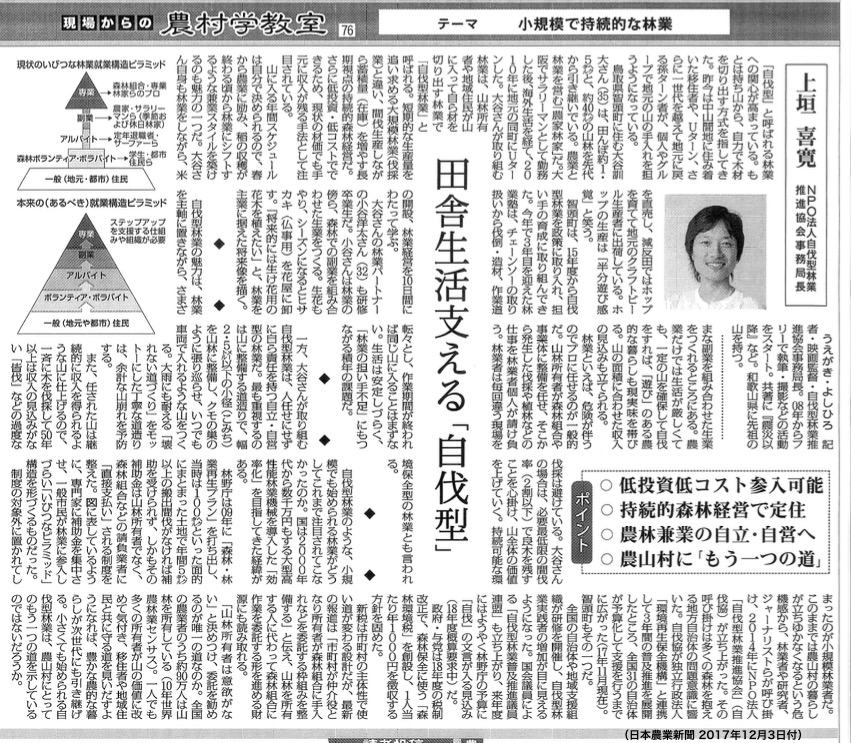 日本農業新聞（12月3日付）に「現場からの農村学教室76　田舎生活支える「自伐型」」が掲載されました。